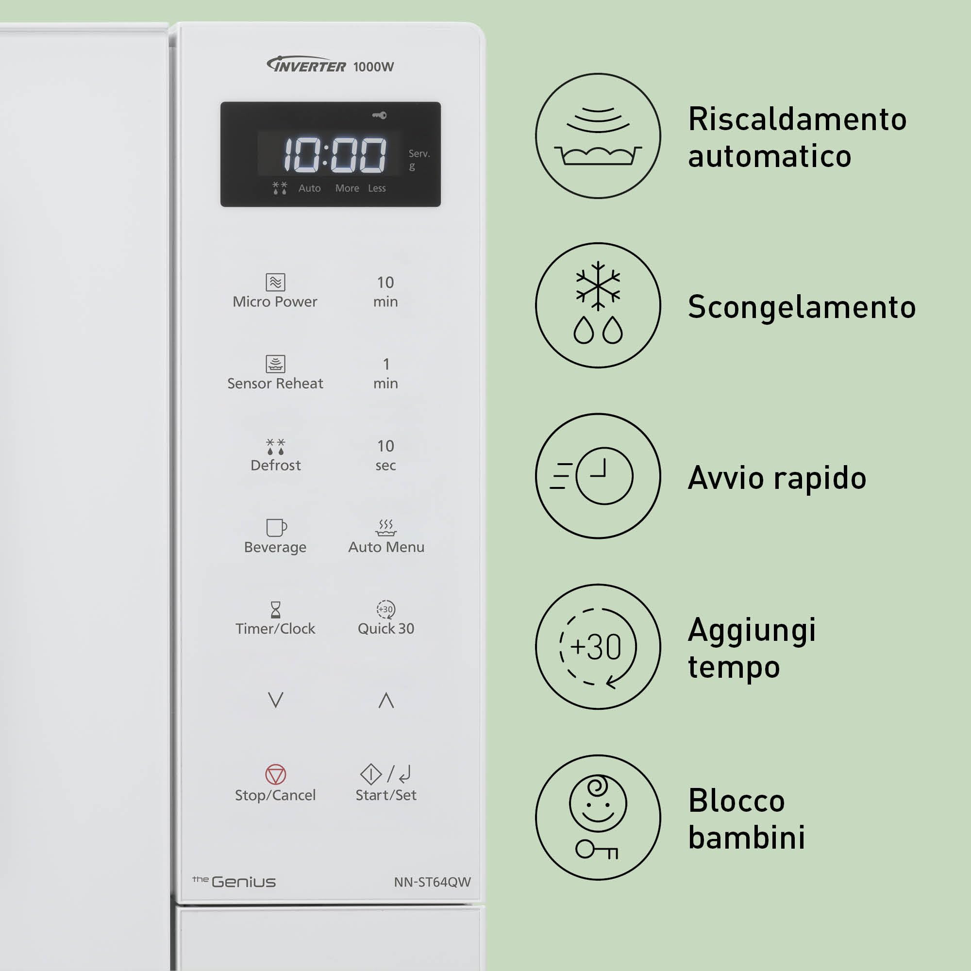 Panasonic NN-ST64QWEPG Microonde Solo Inverter 32L, 1000 Watt Potenza, 20 programmi automatici, Funzione Quick 30, Controllo Touch, Cottura Uniforme e Scongelamento, Bianco