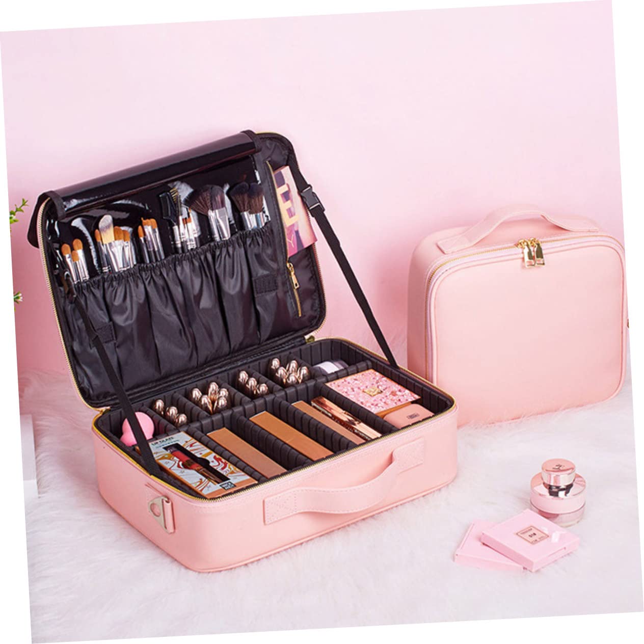 DOITOOL Große Kosmetiktasche aus Pu Leder mit Verstellbaren Trennwänden Reißverschluss und Viel Platz Organizer für Reisen und Arbeit