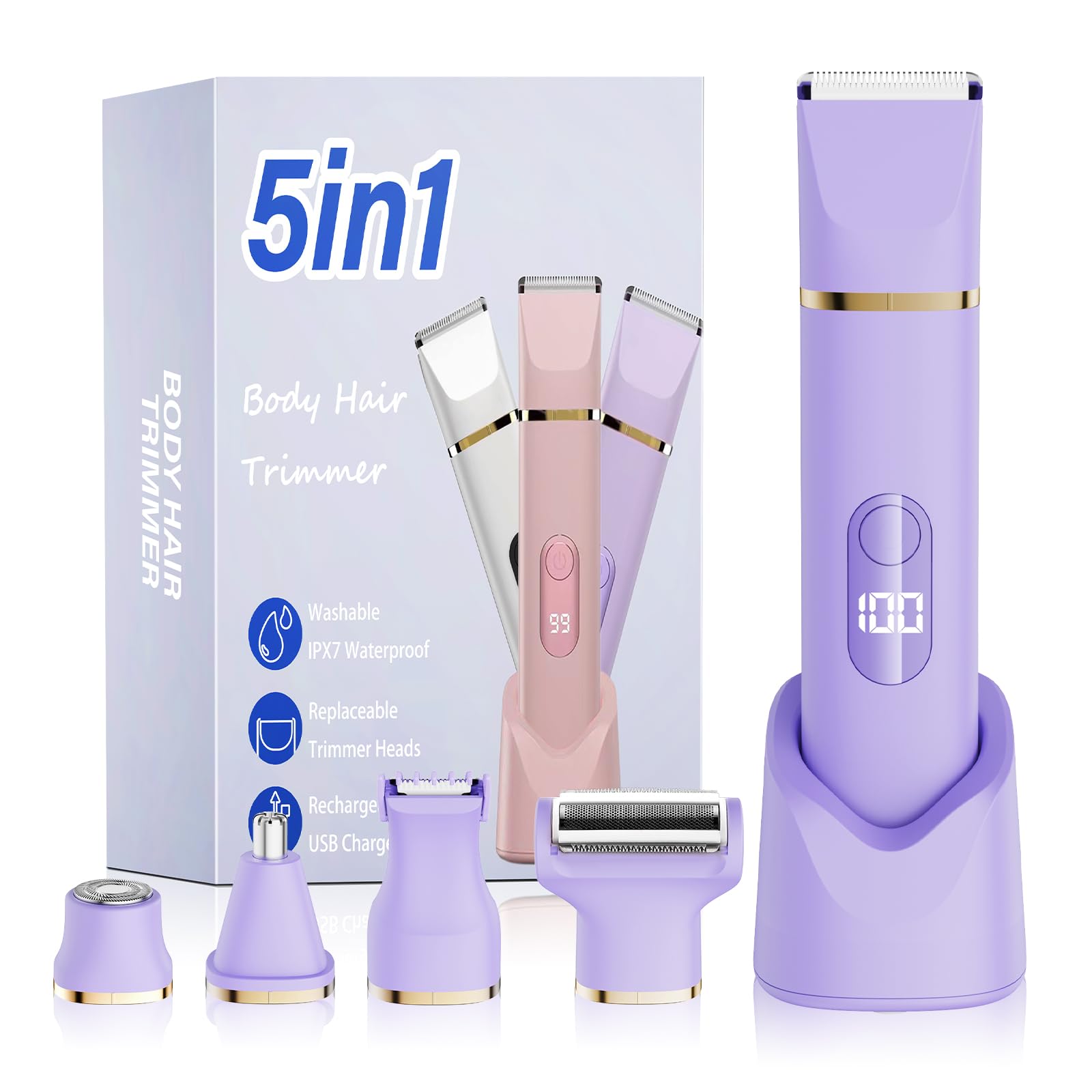 5-in-1 Elektrorasierer für Damen, Intimtrimmer, Bikini-Trimmer, Damenrasierer für Gesicht, Beine, Achseln und Schambereich, wasserdicht (Lila)