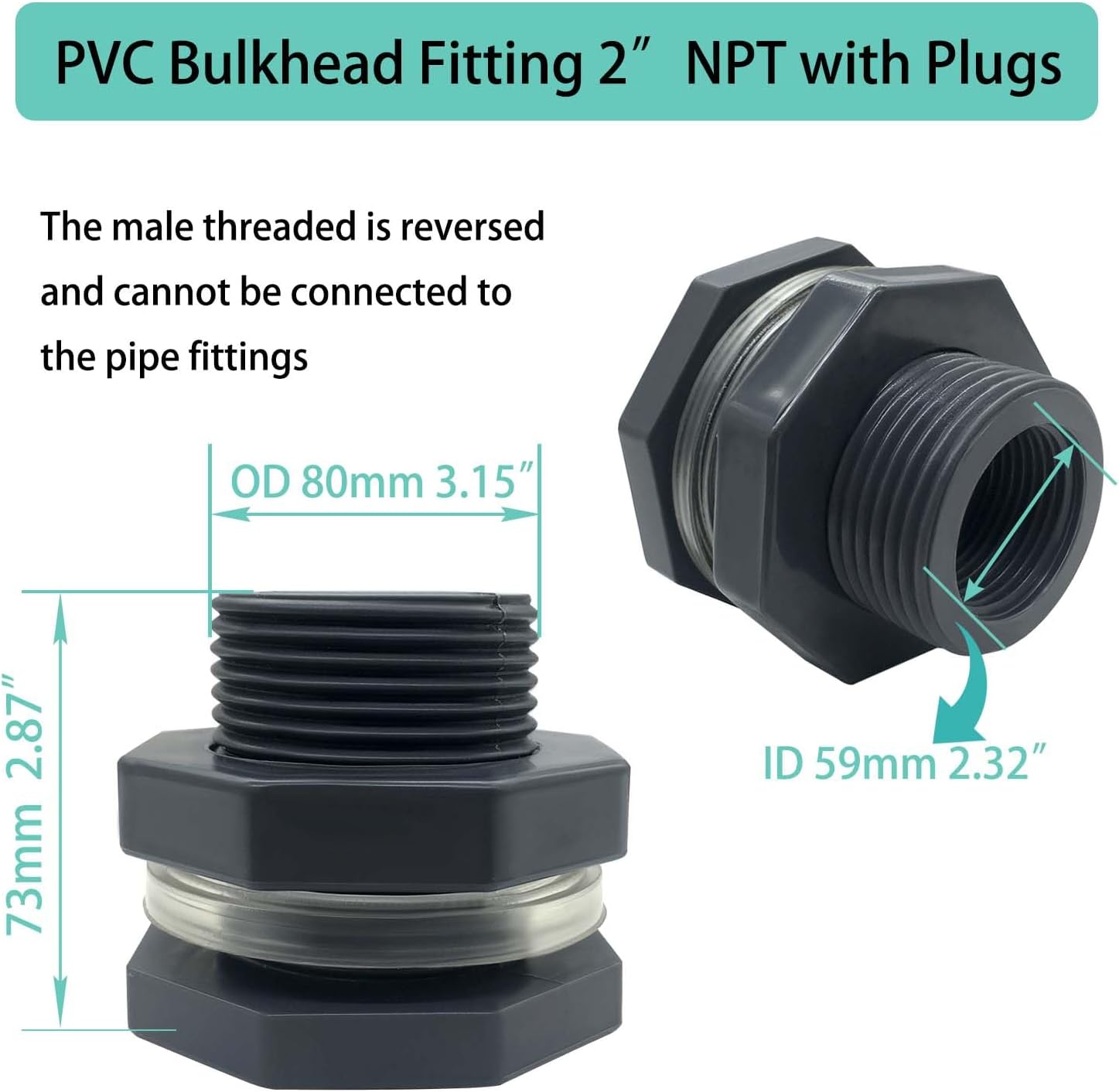 YSIL NPT2" PVC Bulkhead Fitting 2Pcs,Water Tank Connector Pipe Fitting OD 3-1/8"(80mm) with Plugs for Water Tanks,Rain Barrels, Aquariums,Pools