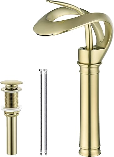 AUU - Elegante grifo de lavabo de un solo mango, moderno grifo de baño de un solo orificio con línea de suministro de drenaje desplegable (oro