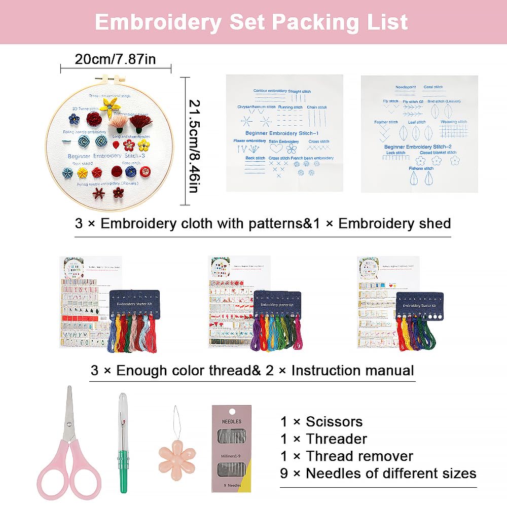 Set da Ricamo per Principianti,Kit di Pratica di Ricamo per Principianti, Starter Kit Ricamo per Adulti Bambini,con Modelli e Istruzioni,1 Telaio 3