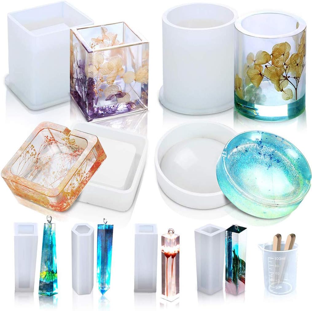 Halfbye 7 Pack DIY Silicone Coaster Resin Molds, Epoxy Casting Molds Including Round, Hexagon and Square Mold, Home Decoration, Making DIY Craft Flower Pot Ashtray Pen Pendant Candle Soap Hold (White)