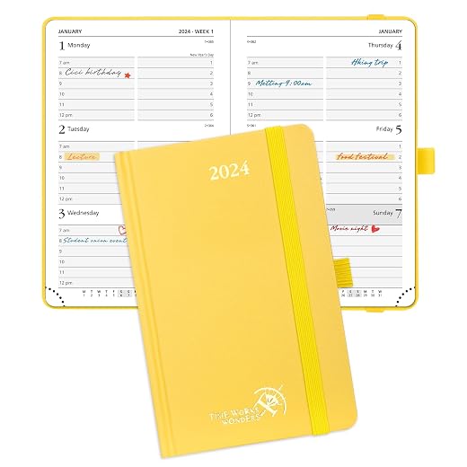 POPRUN 2024 Planner Pocket Size 4''x 6.25'' - Small Calendar for Purse with Hourly Schedule & Vertical Weekly Layout, Monthly Calendars, Hardcover - Light Yellow