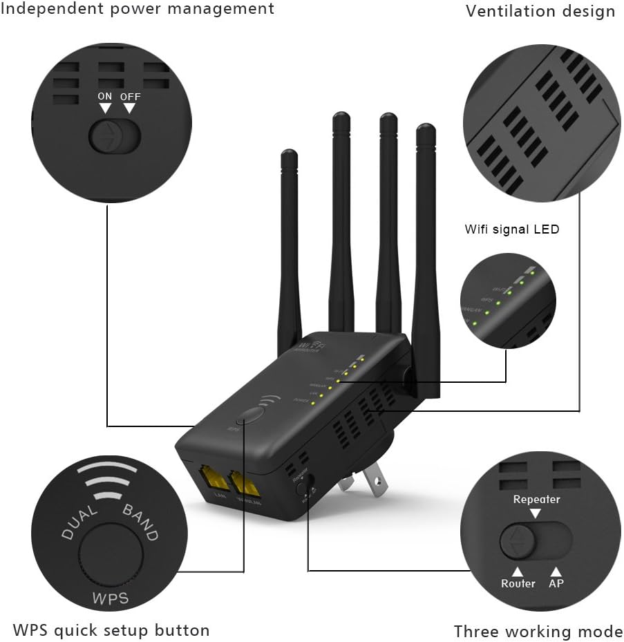 WiFi Extender,WAVLINK 1200M High Power WiFi Range Extender with Router Function,WiFi Booster 2.4G+5GHz WPS WiFi Repeater with 4 External Antennas,Wireless Router with 2 Ethernet Port
