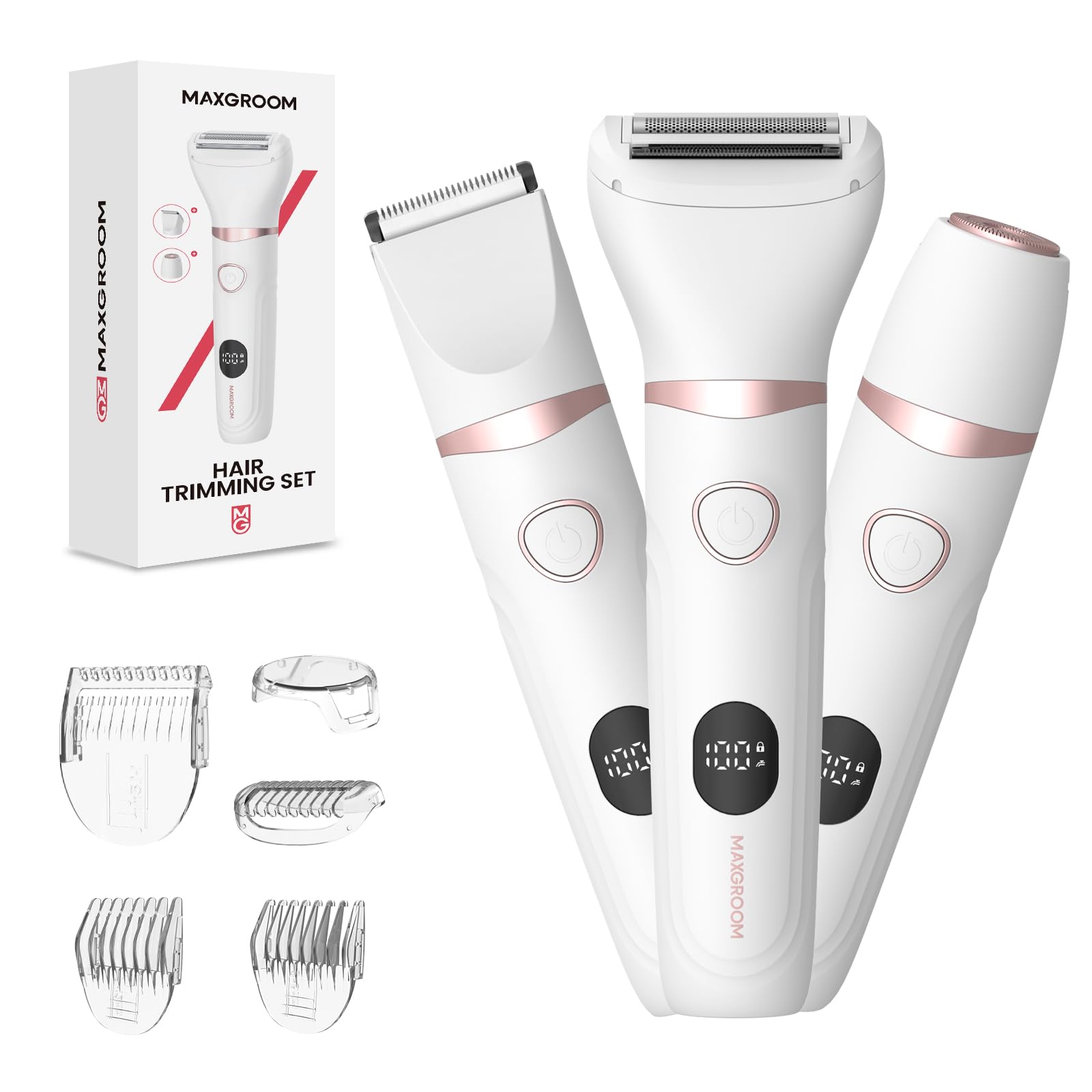 MAXGROOM 3-in-1 Intimrasierer für Frauen,Akku Elektrischer Rasierer Damen Intimbereich mit LED Nass-Trocken Damenrasierer Elektrisch,Bikini Trimmer Damen Intimbereich