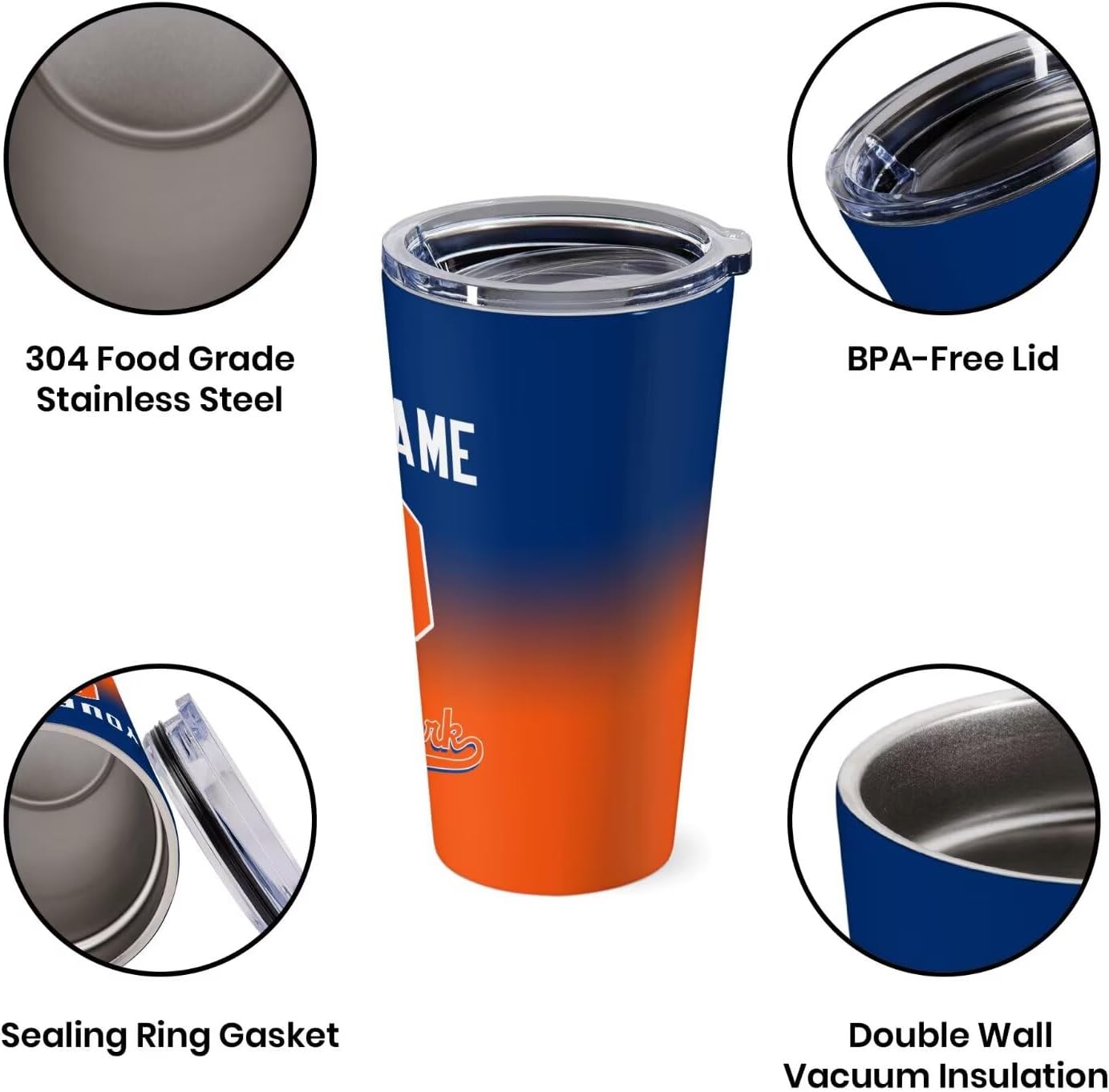 Custom Baseball Tumblers Designed and Made in USA Personalized Insulated Coffee Mug Travel Stainless Steel Cup Add Any Name Number with Lid 20 oz Gifts for Men Women Fans Navy Orange