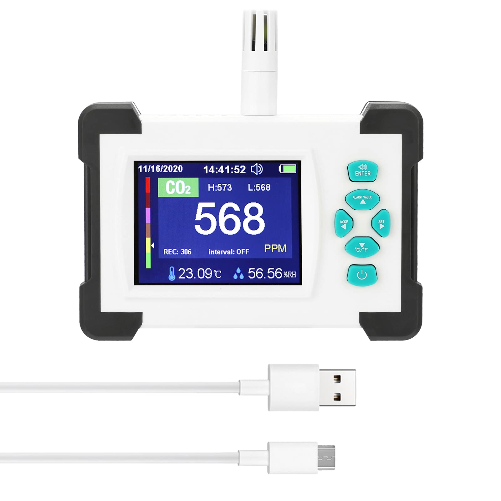 Kohlendioxid Detektor, Luftqualität Messgerät CO2 Meter Luftfeuchtigkeitstemperatur-Tester ℃ / ℉ Umschaltbarer Luftqualitätsmonitor + PDF-Exportdatenfunktion(B)