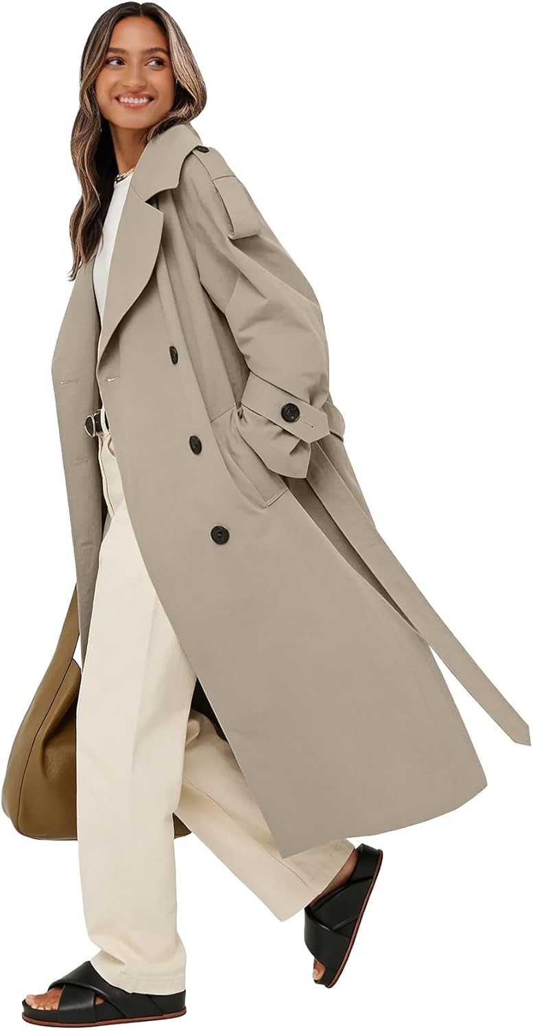 Muchpow Women's Long Trench Coat Double Breasted Lapel Oversized Windproof Overcoat with Belt