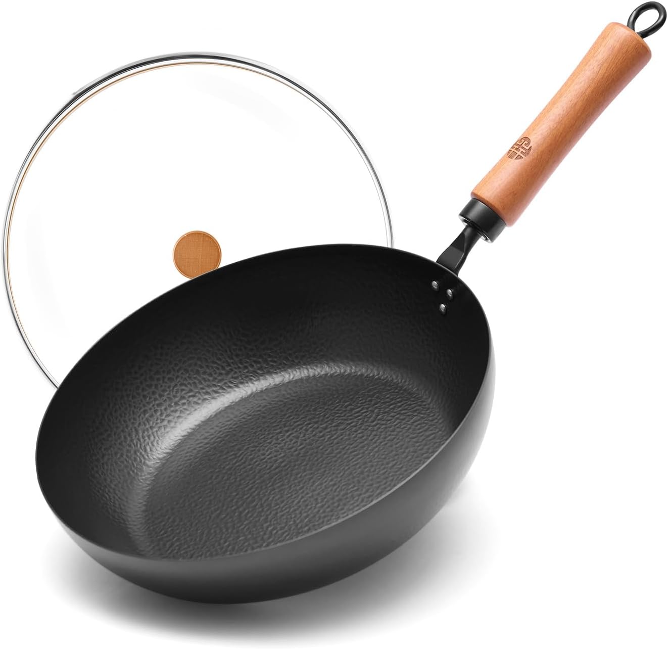 WANGYUANJI 11-Inch Carbon Steel Frying Pan with Beech Wooden Handle & Glass Lid - Physical Non-Stick, Non-Coating Skillet for Induction, Sautéing, Frying, Stir-Frying 11inch 11inch