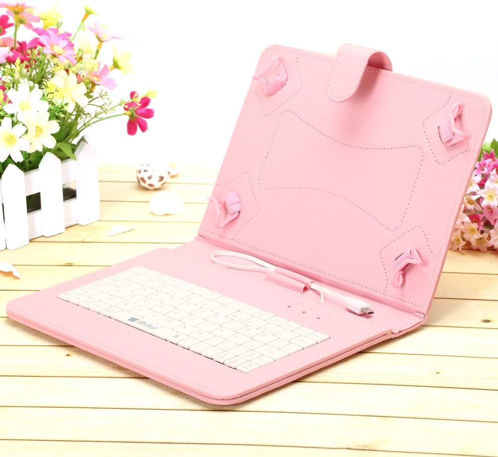 iRULU Leather USB Keyboard Case for 8-9 Inch Touch Screen Tablet with Buttons and Stand -Pink