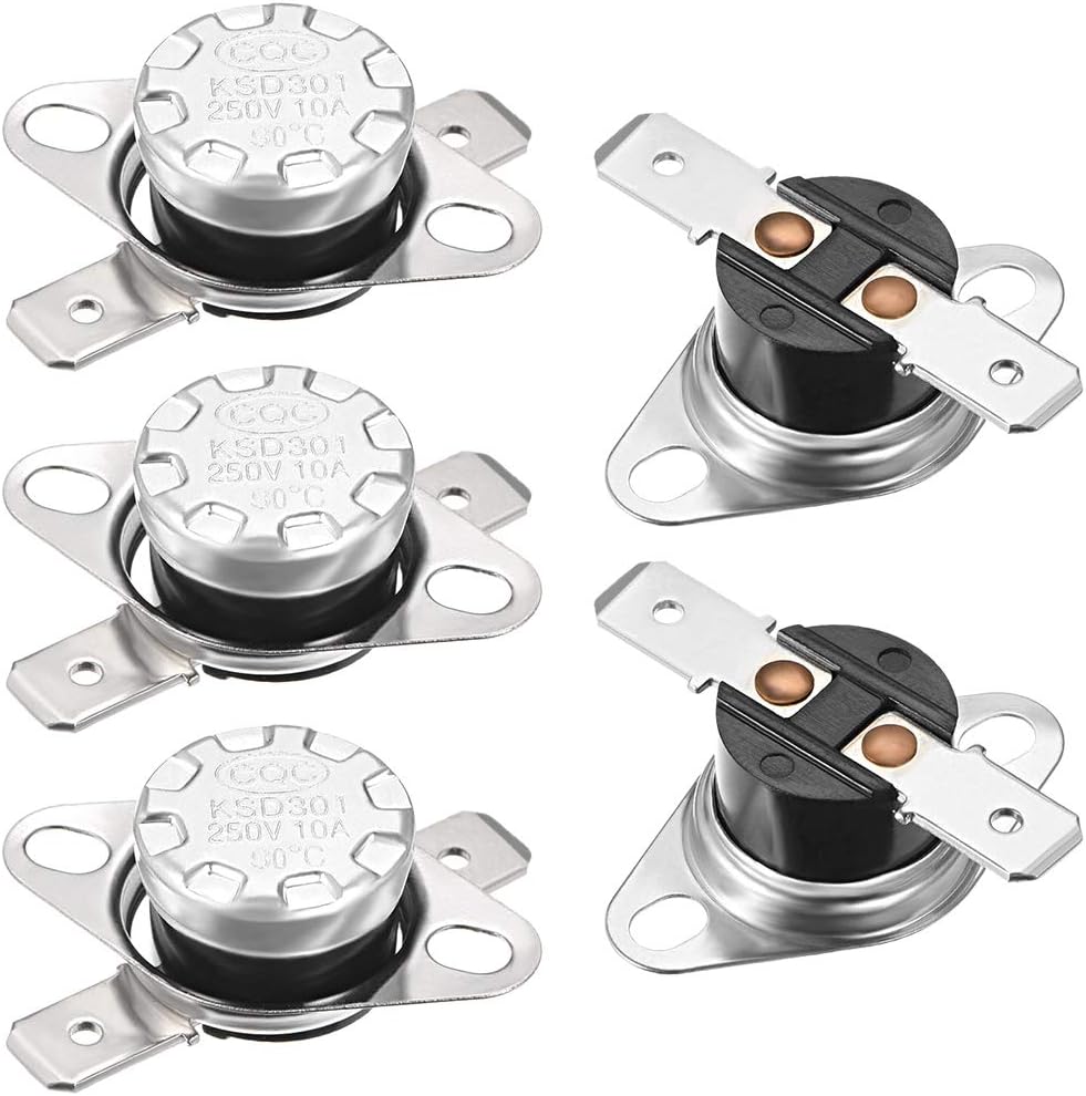 sourcing map KSD301 Thermostat 90°C/194°F 10A Normally Closed N.C Adjust Snap Disc Temperature Switch for Microwave,Oven,Coffee Makers 5pcs,Bakelite Material