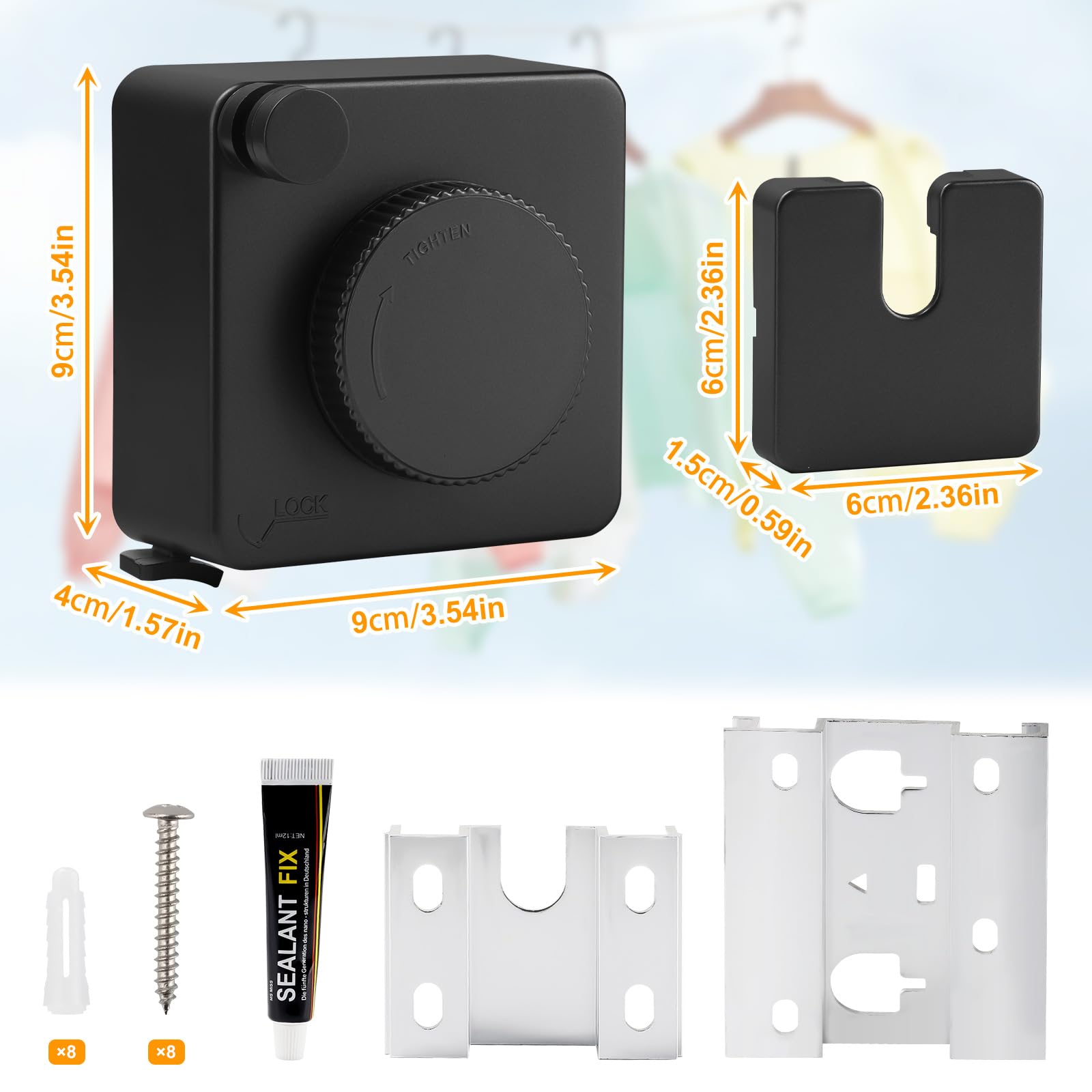 Corde à Linge Rétractable pour Intérieur et Extérieur 4.8m Acier Inoxydable | Aucun Perçage Requis, Extensible Ligne à Laver Murale sans Affaissement, Fil à Linge pour Appartement, Hôtel, Buanderie, Noir