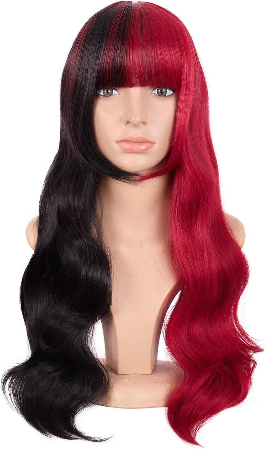 MapofBeauty 24 Inch/60cm Multicolor Flat Bangs Long Curly Fashion Cosplay Party Wig (Half Red Half Black)