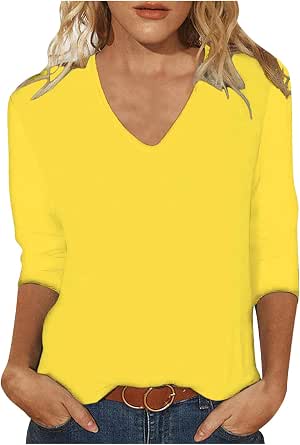 Camiseta de verano para mujer, casual, de punto, cuello en V, manga corta, holgada, cómoda, para ir de compras al aire libre, túnica básica, tallas grandes, A, Pequeña