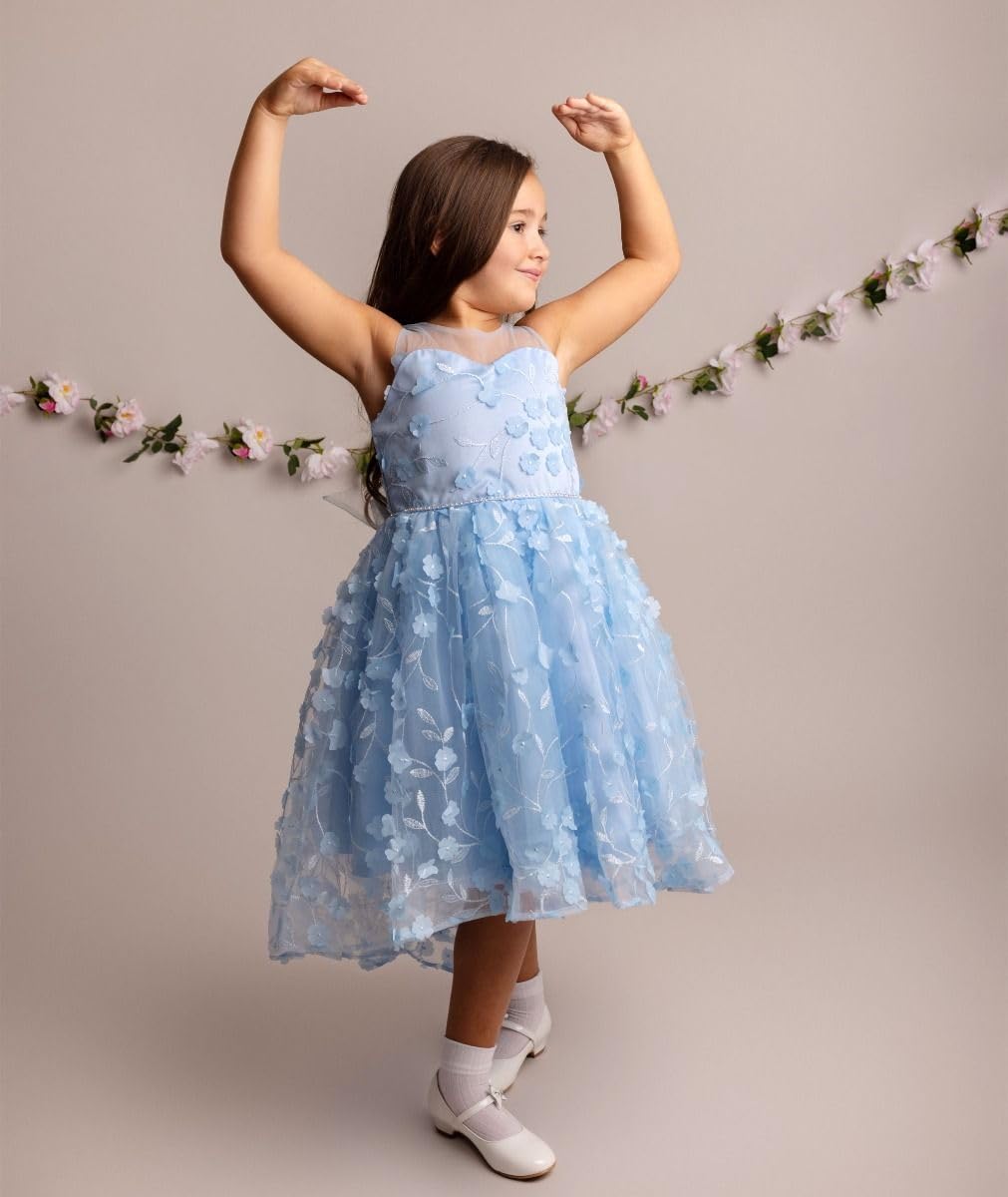 SIRRI Vestido Floral para niñas con superposición Transparente y Bordado Ocasiones Especiales
