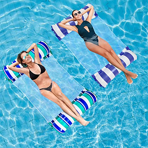Idota Aufblasbare Wasserhängematte 2 Stück Luftmatrazenbett Pool 4 in1 Schwimmmatte mit Netz Luftmatratze Wasser Pool Spielzeug für Sommer Poolpartys Wasser Hängematte (blau und blaugrün)
