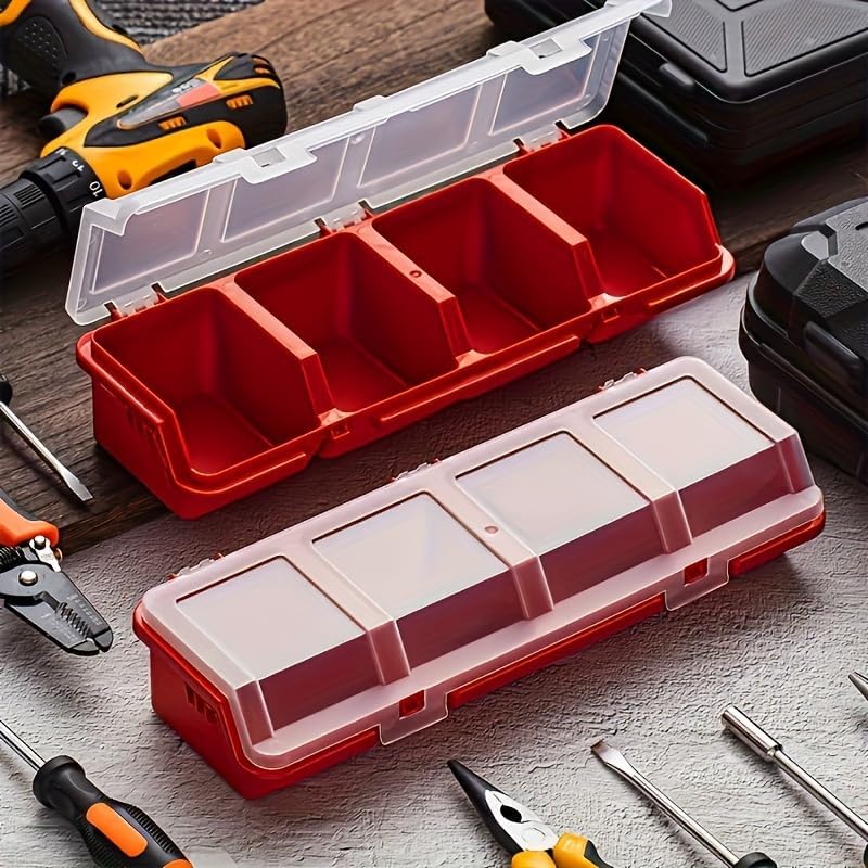 4-Compartment Small Screw Parts Box, Storage Case 1pcs Red, Electronic Hardware Accessories, Small Plastic Parts, Slanted Lid with Cover