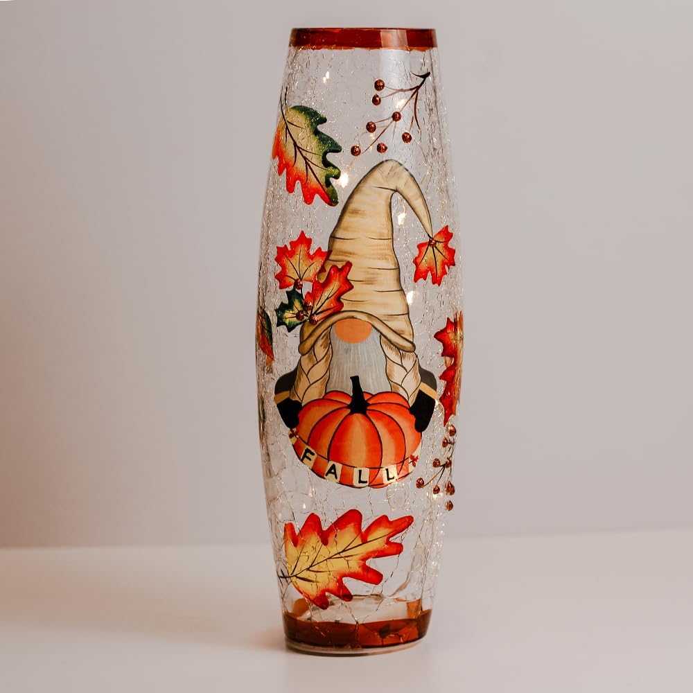 A Cheerful Giver Fall Gnome Crackle Glass Vase - Christmas Holiday Flower Vase - Seasonal Home Table Top Décor