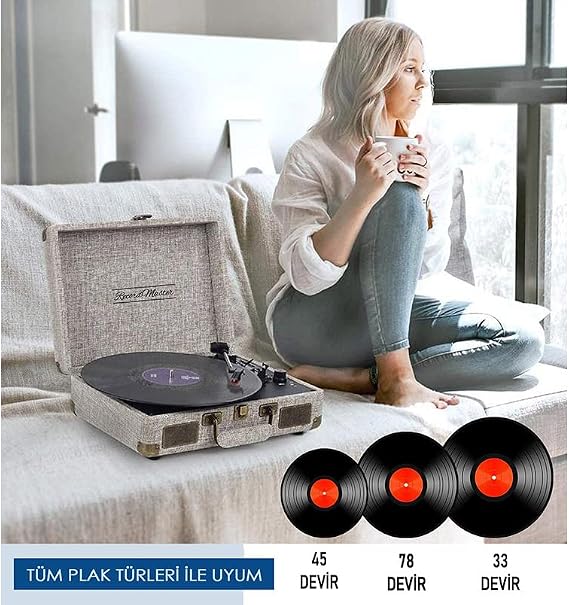 Record Master St14012 Turntable - Beige (Keten| - | Special Hard Fabric Covering with Charging and Bluetooth Feature | Compatible with All Plaque Types