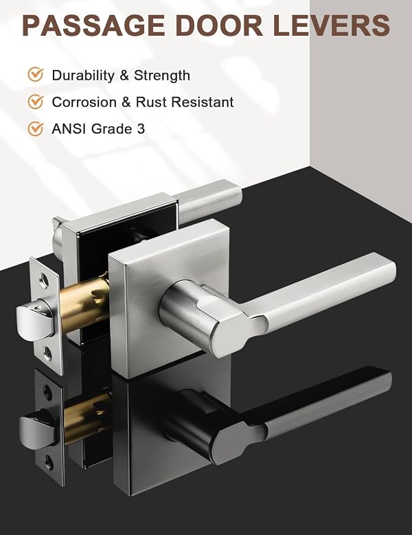 Tinewa Brushed Nickel Passage Door Handle Interior, Square Non-Locking Door Lever for Hallway/Closet, Modern Door Handle Reversible for Left & Right, Heavy-Duty Metal, 10 Pack by Tinewa - Image 3