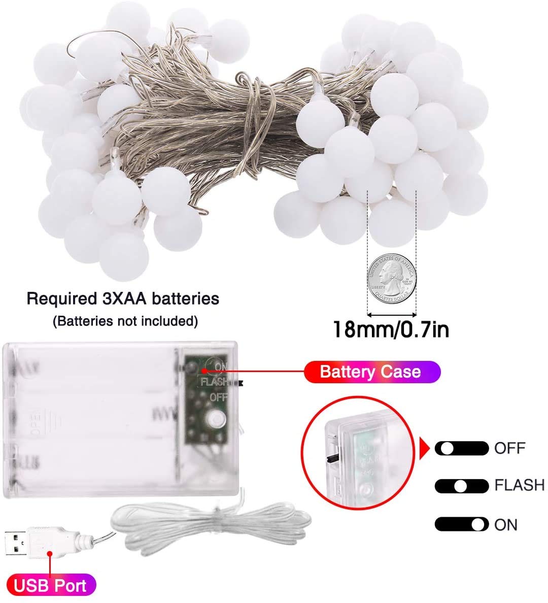 USB Fairy Lights, 2 Lighting Modes, Battery Operated or USB Plug in, 16ft 40LEDs Ball Globe String Light, Decoration for Indoor Lighting Bedroom Patio Garden Wedding Party Christmas (Multi-colour)