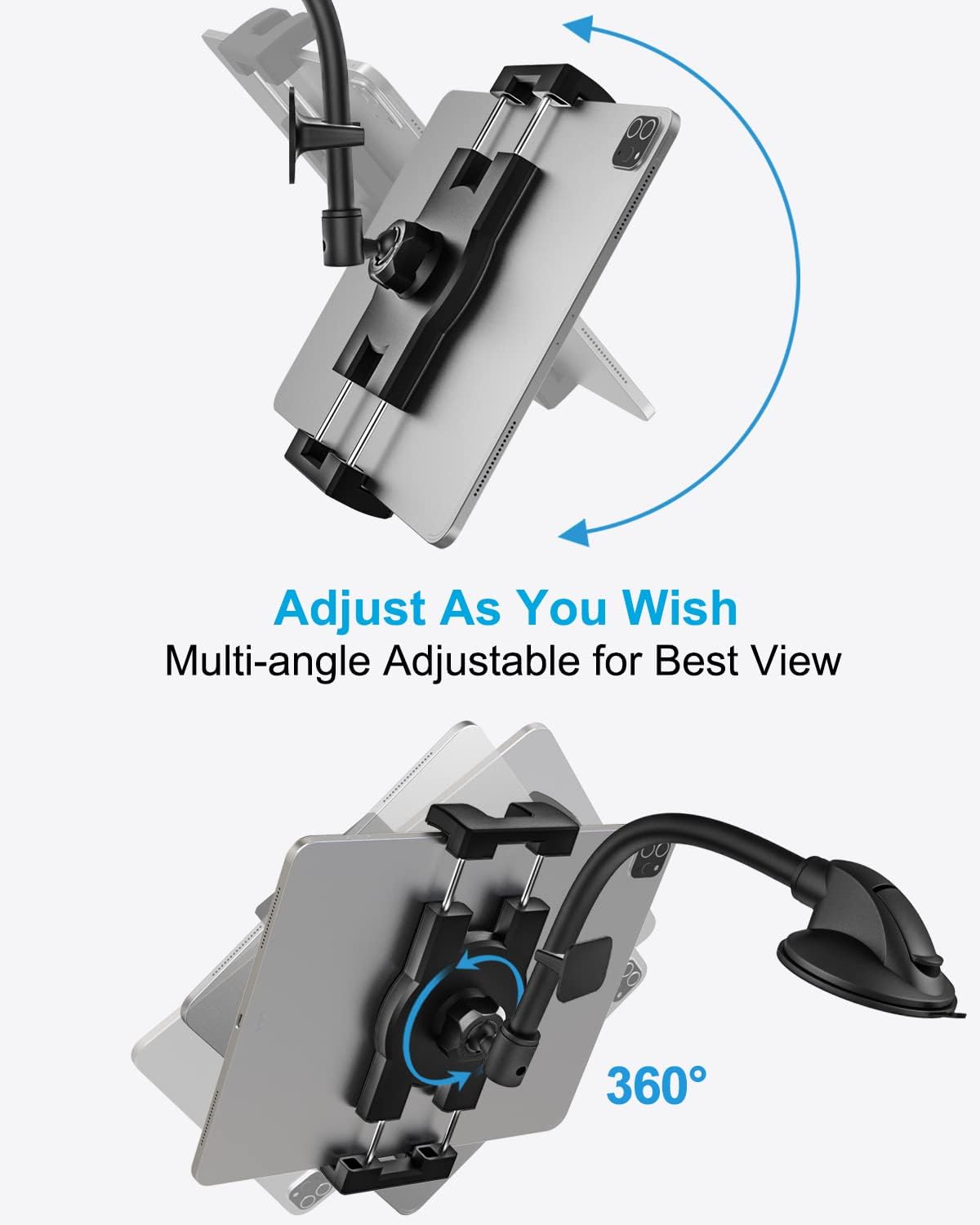 Supporto da auto per tablet da 4,7 a 12,9 pollici, supporto per tablet e tablet da 4,7-12,9 pollici, supporto a braccio lungo per cruscotto auto, stabilizzatore anti-scossa, per iPad