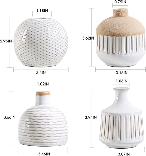 Miniatura 5 de Juego de 4 jarrones pequeños de cerámica minimalista boho para dormitorio, sala de estar, oficina, chimenea, centro de mesa, jarrones blancos
