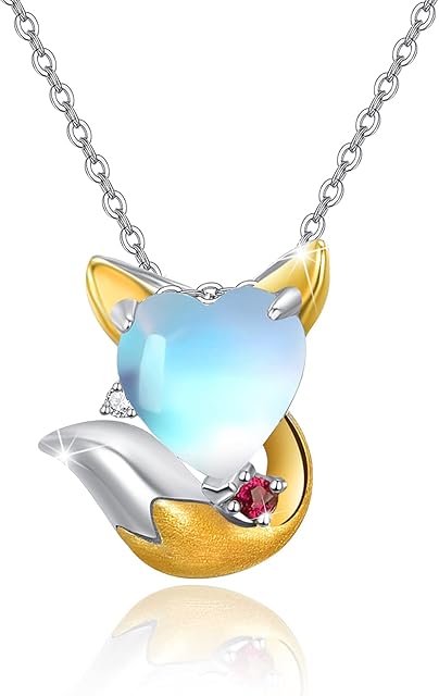 OHAYOO Moonstone Fox Necklace for Women 925 Sterling Silver Cute Animal Fox Necklace Moonstone Heart Pendant Necklace Moonstone Jewellery Fox Gifts for Women Girls Kids