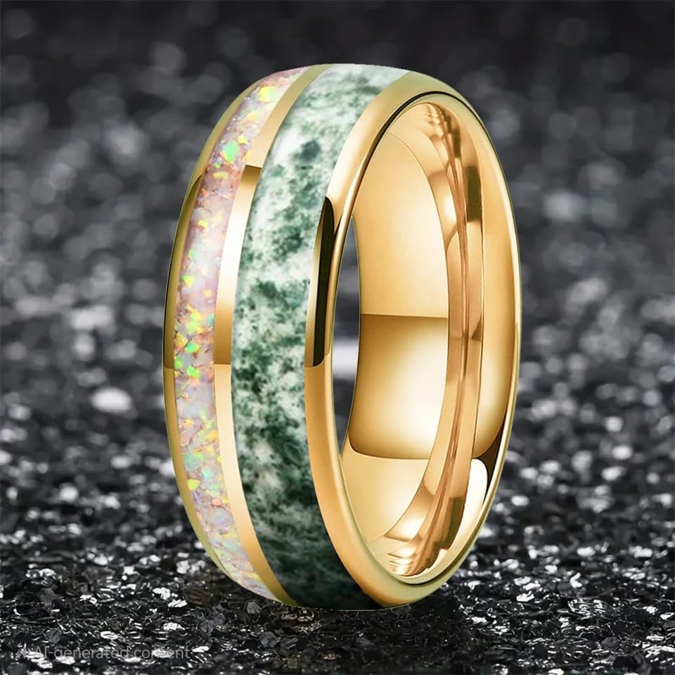 8MM Men Women Tungsten Carbide Ring Band Moss Agate And Crushed White Opal Comfortable fit Band2