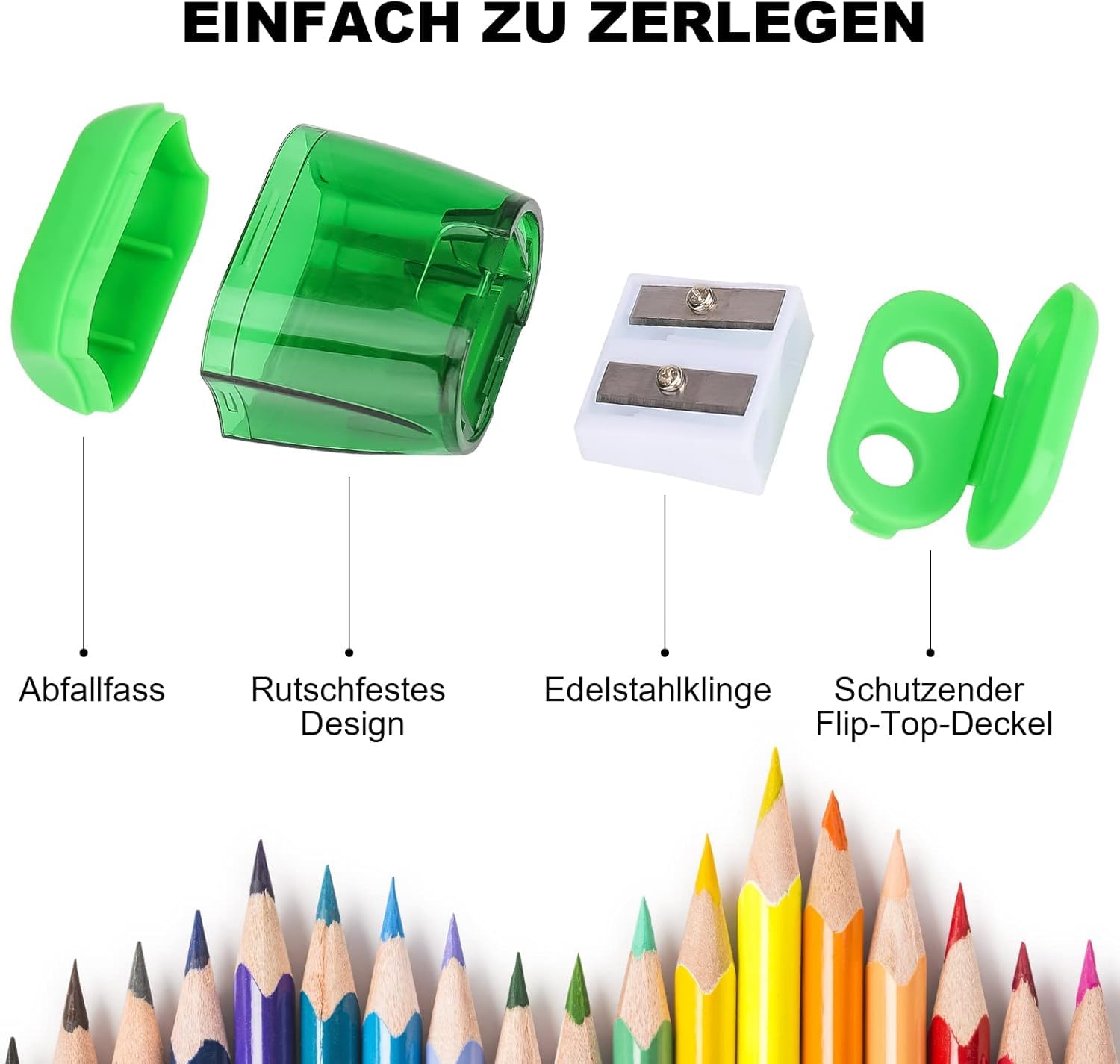 Catelves Anspitzer mit Behälter 4 Stück, Doppelspitzer Bleistiftspitzer mit 2 Löchern, Spitzer für Buntstifte, Farbstifte, Wachsmalstifte, Schule, Büro, Federmäppchen, Bunt, Klein und Tragbar