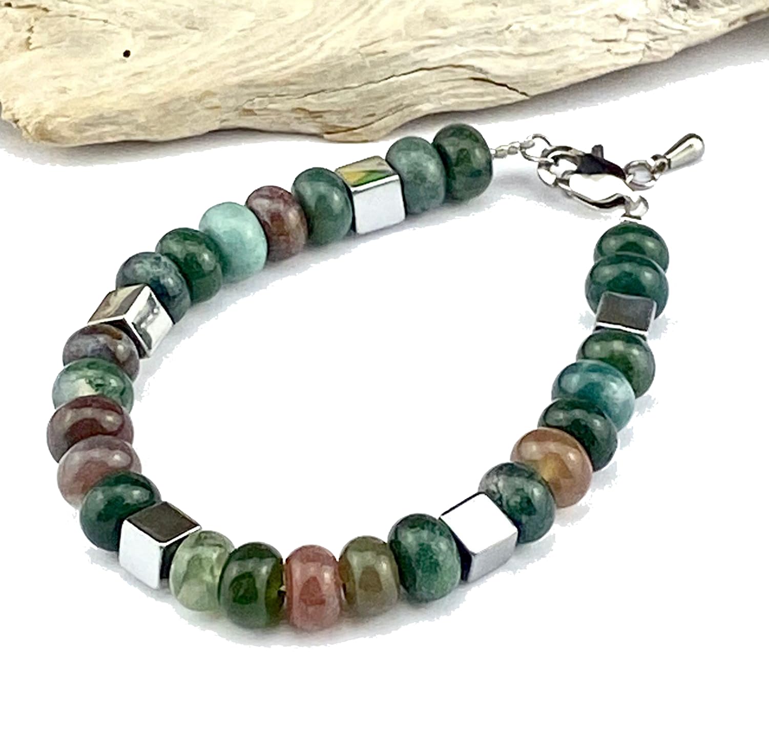 Handgemachte Moos Achat Perlen Kette mit versilberten Hämatit Würfel, Edelstahl Verschluss Unikat Edelsteinkette