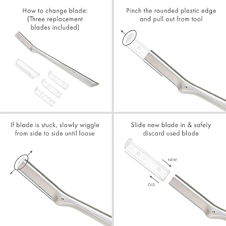 Tweezerman Dermaplaning Razor Facial Razor with 3 Spare Blades Included, Stainless Steel, Replacement Blades Available (4-Pack)