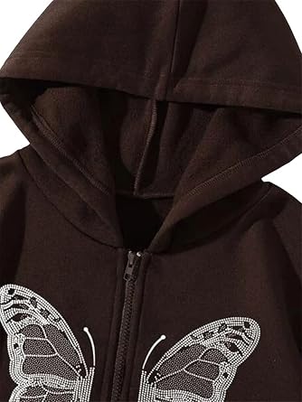 Women's Oversized Hoodie Sweatshirt, Zip Up Jacket Vintage Butterfly Print Hoodie Long Sleeve 90s Y2K E-Girl Coat Jacket (Brown