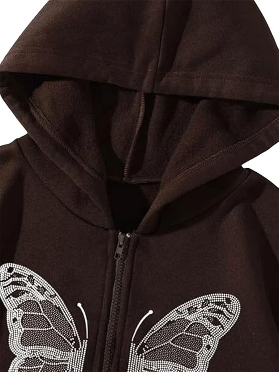 Women's Oversized Hoodie Sweatshirt, Zip Up Jacket Vintage Butterfly Print Hoodie Long Sleeve 90s Y2K E-Girl Coat Jacket (Brown