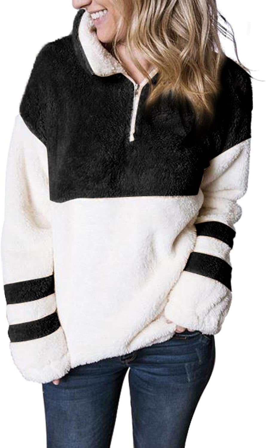 MEROKEETY Women's Long Sleeve Contrast Color Zipper Sherpa Pile Pullover Tops Fleece Sweatshirt A-black Medium