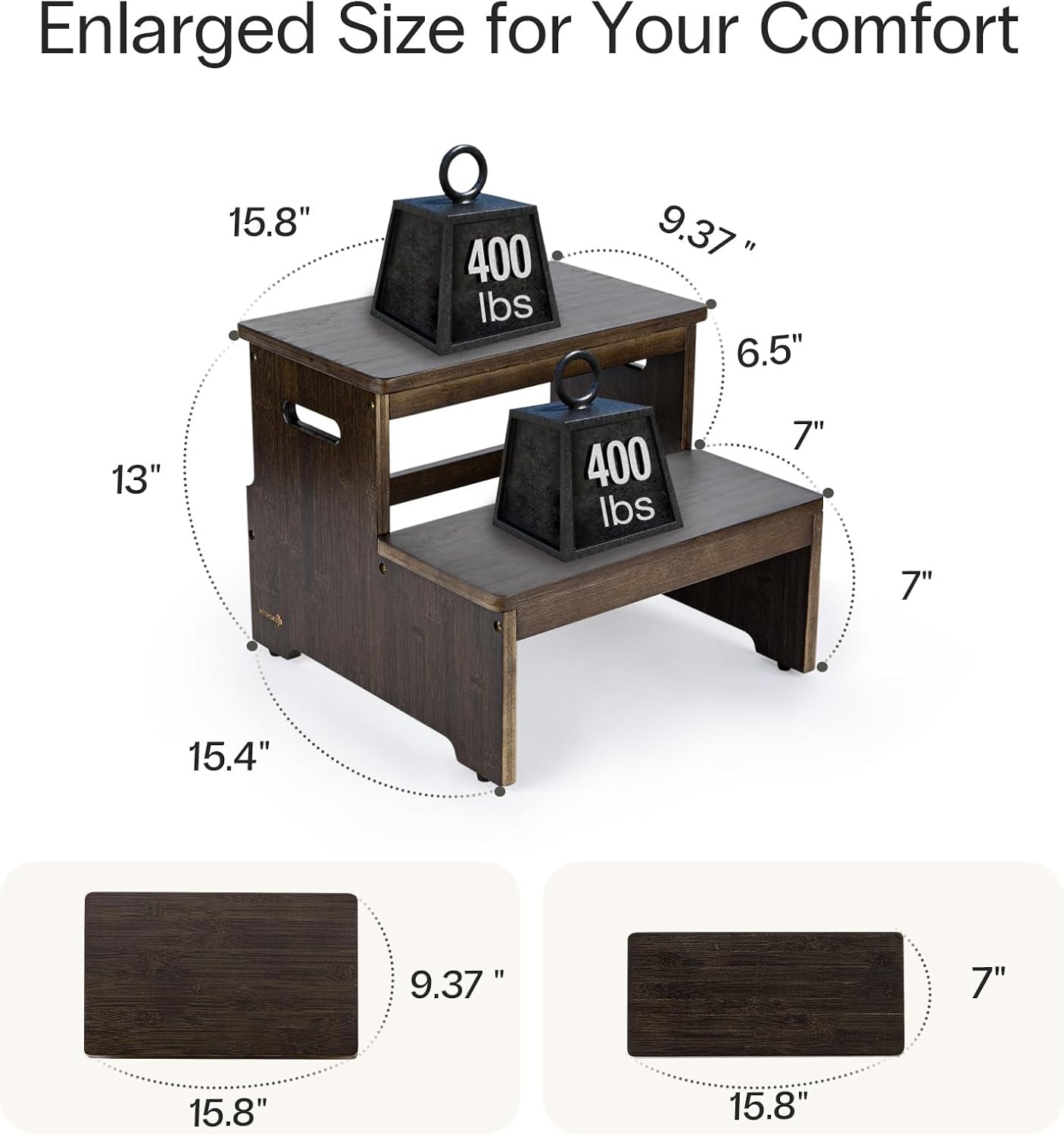StrongTek Bamboo Step Stool Set, Standard & Large Bed Step for Adults & Kids, 350–400 lbs Capacity, Non-Slip, Heavy-Duty Wooden 2-Step Design for Bedroom, Bathroom & Kitchen