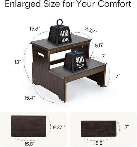 Miniatura 10 de StrongTek Taburete de bambú de dos escalones para adultos y niños, taburete de cama con parte inferior antideslizante, resistente para cocina, baño,
