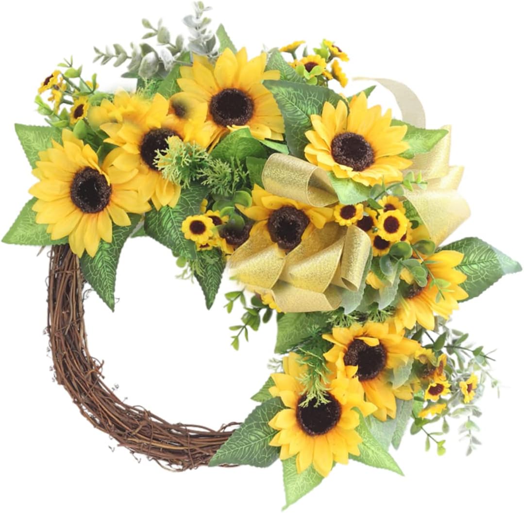 Artificial Sunflower Wreath Greenery Garland Rustic Front Door Decor 24 Yellow Floral Arrangement for Home Wedding and Outdoor Use