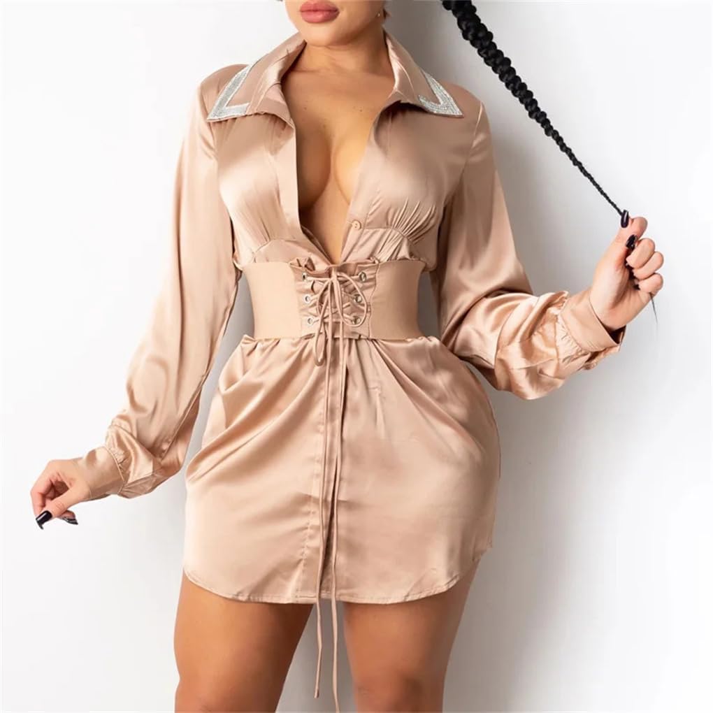 Women's Lapel Button Long Sleeved Satin Shirt Dress, Slim Fit Waist Cinching Party Mini Dress
