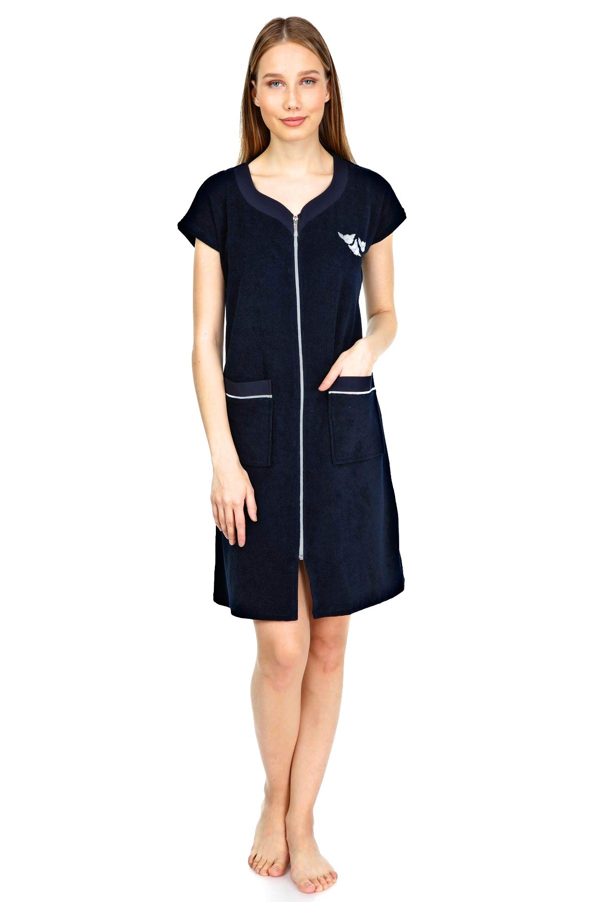 Womens Terry Cotton Zipper Front Two Pockets Robe Sleepwear Beach Dress