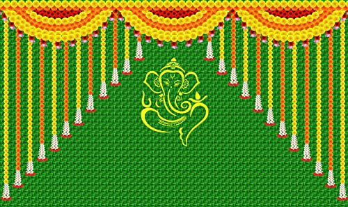 Image of Green chatiya with Yellow Ganesh ji Design Backdrop Cloth for Pooja Decoration Traditional Background Curtain Cloth for Festival Fabric-Polyester Size 5Feet Height and 8Feet Width(5 * 8)