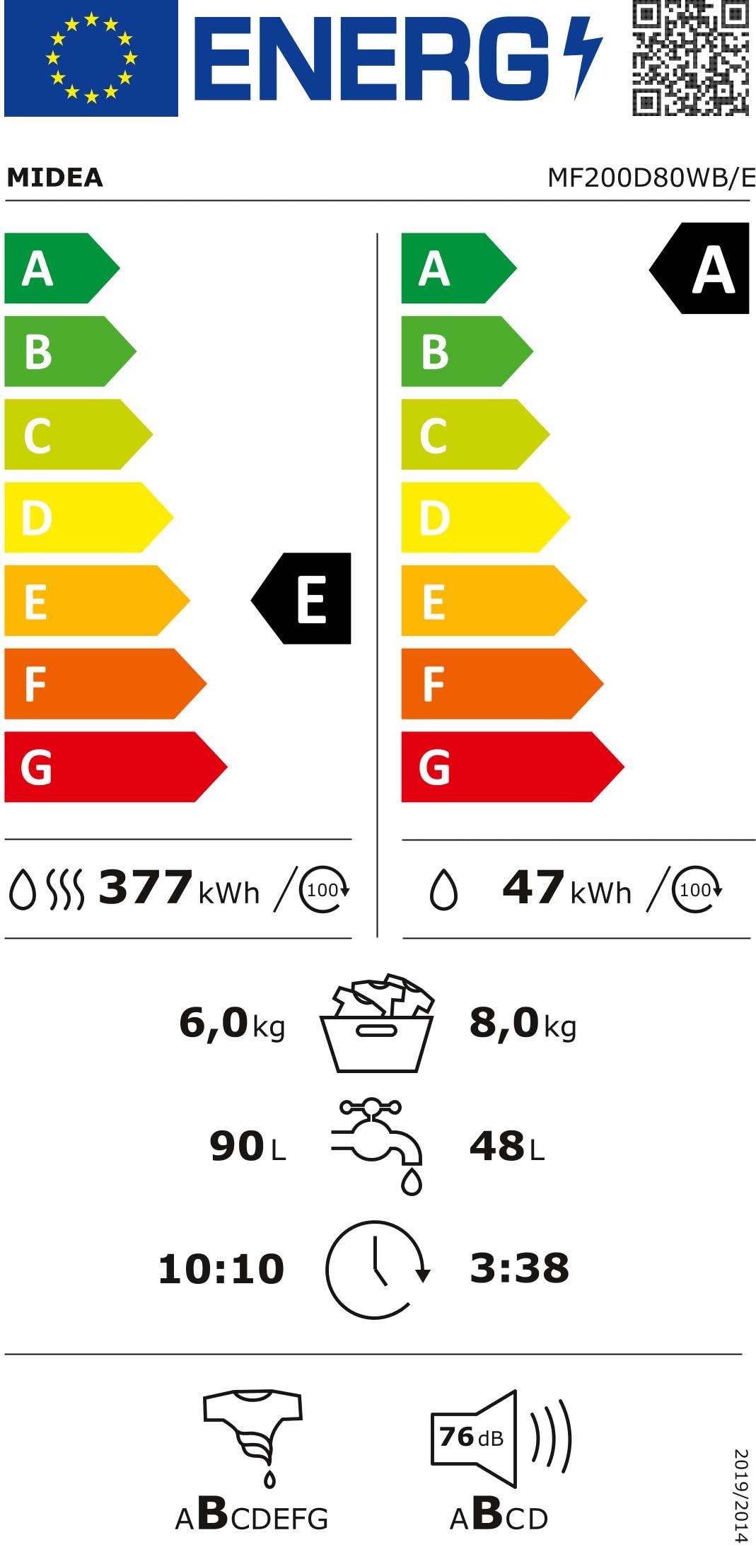 Midea MF200D80WB-E Lavasciuga a Carica Frontale, Motore Inverter, Display touch a LED, Vapore,Turbo Wash, Smart Control,1400 RPM, Carico 8/6 Kg, Bianco
