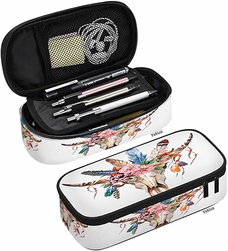 Bull's Head - Estuche para lápices de acuarela de moda, calavera de vaca, bohemio, peonía, flores, plumas, gran capacidad, bolsa para lápices,