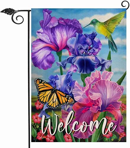 Hzppyz Welcome Spring Hummingbird Iris Garden Flag Double Sided, Purple