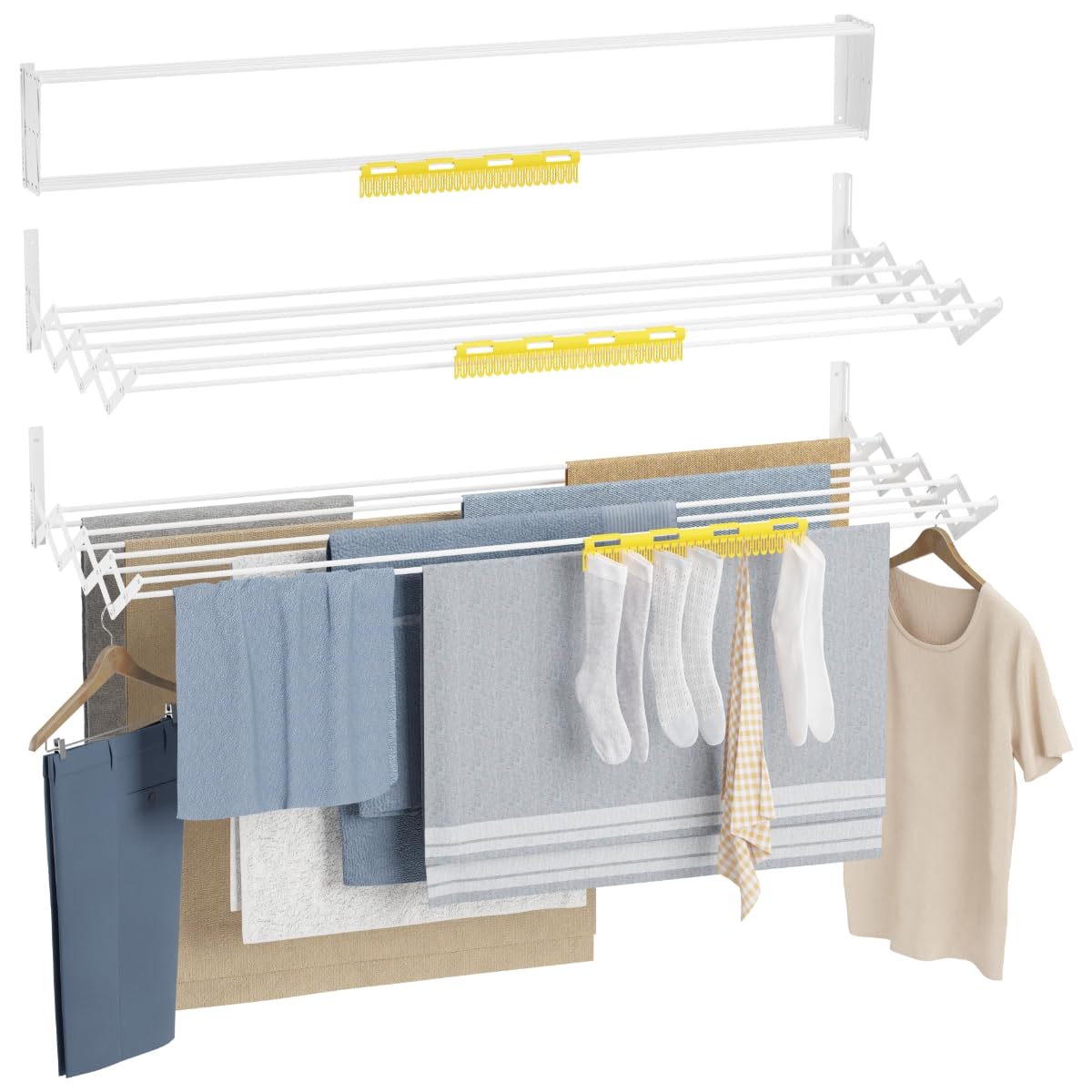 Newlux - Tendedero Extensible Pared Wall V120 (120x60x19cm) con Capacidad 12M/12KG y 8 Barras. Tendedero Pared Plegable 11 cm con Accesorio 27 Prendas Pequeñas. Interior/Exterior, Blanco