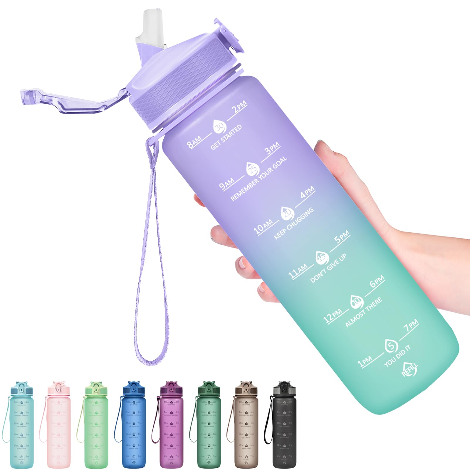 Hyeta Plastic Water Bottle With Straw & Time Marker, 32oz Leakproof Jug
