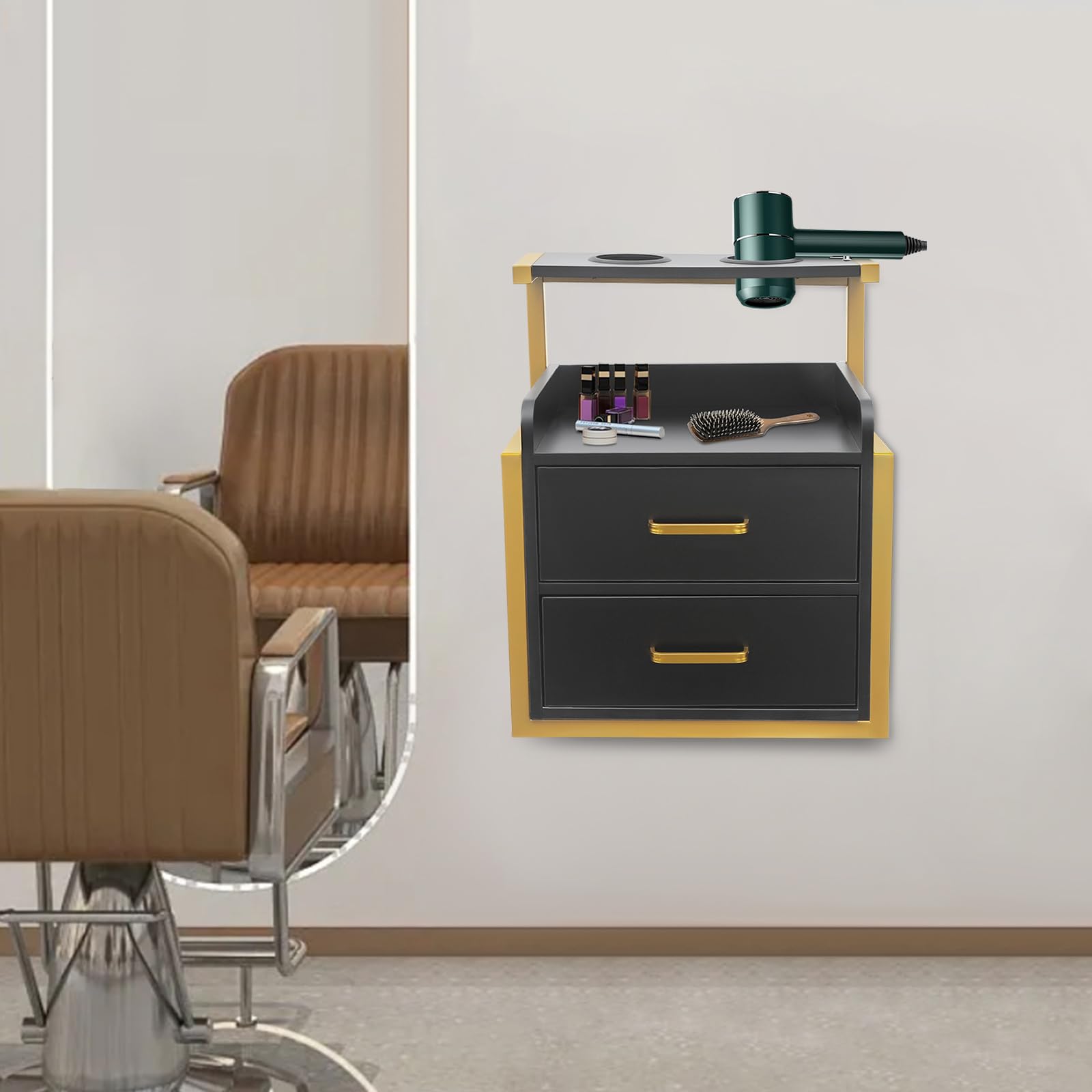 Armario de herramientas para peluquería, armario colgante para accesorios de peluquería, armario de pared de salón con soporte para secador de pelo y cajones, adecuado para salones de belleza y