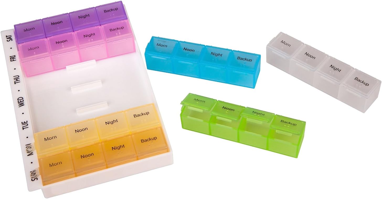 PuTwo 7-Day Pill Organizer with 28 Daily Compartments, Large Portable Pill Case , Waterproof Medication Organizer for Vitamin, Fish Oil,4 Times a Day