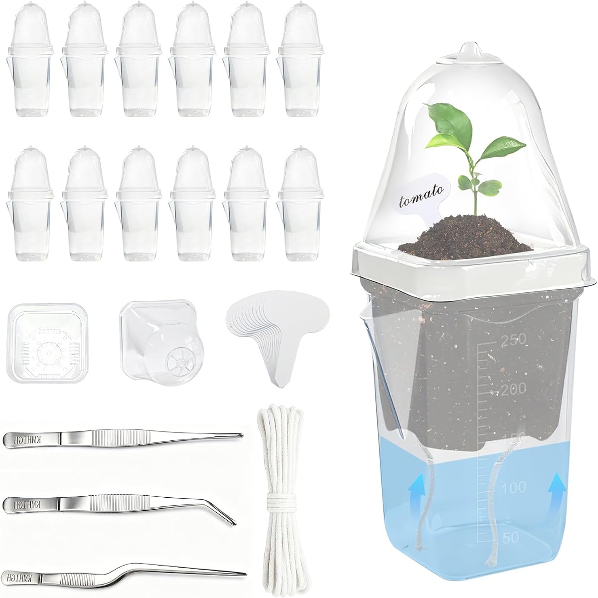 12 Pack 2.5" Self Watering Propagation Pots with Humidity Dome | Clear Plastic Seed Starter Cups, for Seedlings, Cuttings, Succulents, Herbs, Vegetables, 12 Plant Labels Included